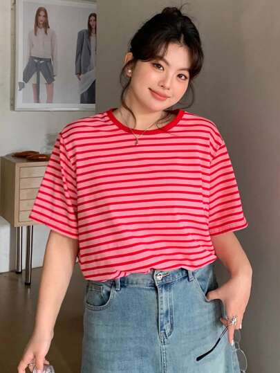 Dazy Plus Färgblock randig rund hals lös kortärmad rosa t-shirt, vår/sommar