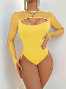 VaVaBold Women's Solid Color Crew Neck Long Sleeve Hollow-Out Bodysuit - Yellow - View 1