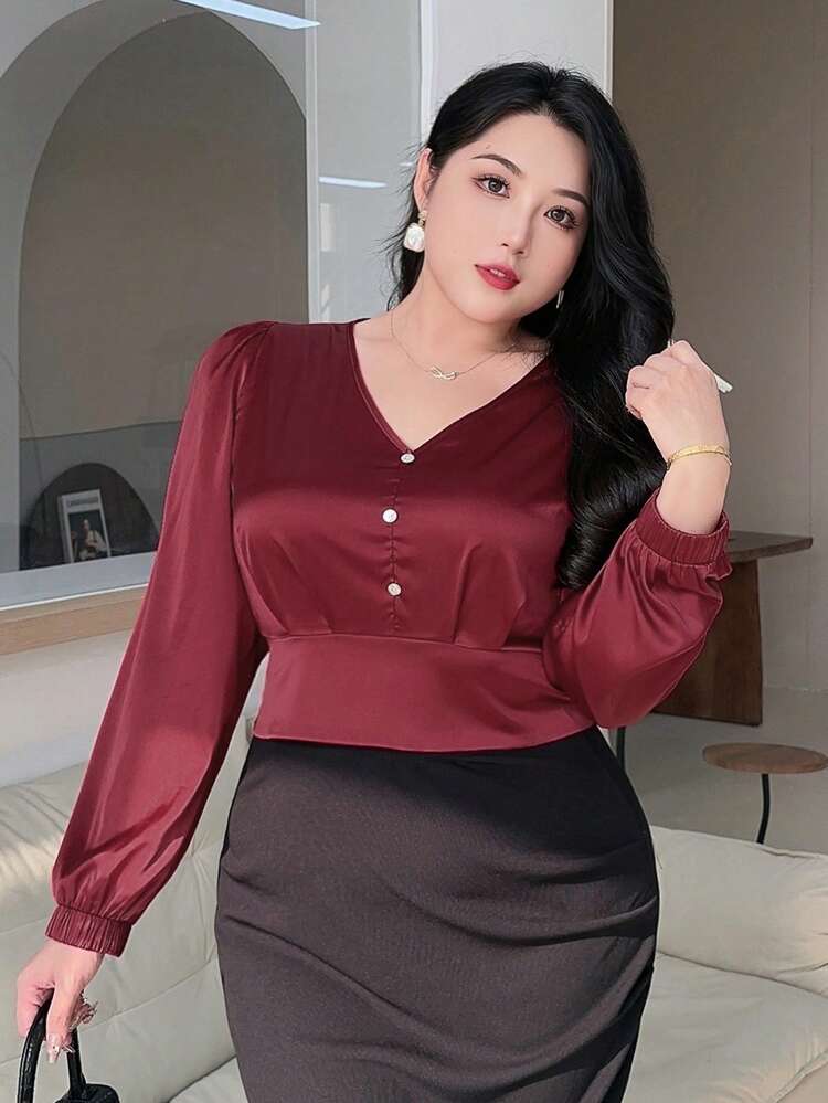 Dazy Plus Plus Size V-Neck Fitted Waist Crop Long Sleeve Burgundy Shirt, Spring/Summer/Autumn Christmas