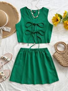 Soleia Bohemian ,Boho, Romantic Floral ,Vacation, Floral 4th Of July Clothes Summer Two Pieces Set Rave Outfits Festival Festival New Years Eve Outfits/Coquette Outfitcold Weather Outfits/Ice Skating Outfitidate Night Outfit Vacation Outfits Woman 2 Pieces Set: Casual Vacation-Wear Green Shirt With Bowknot + Low Waist Short Skirt,Party