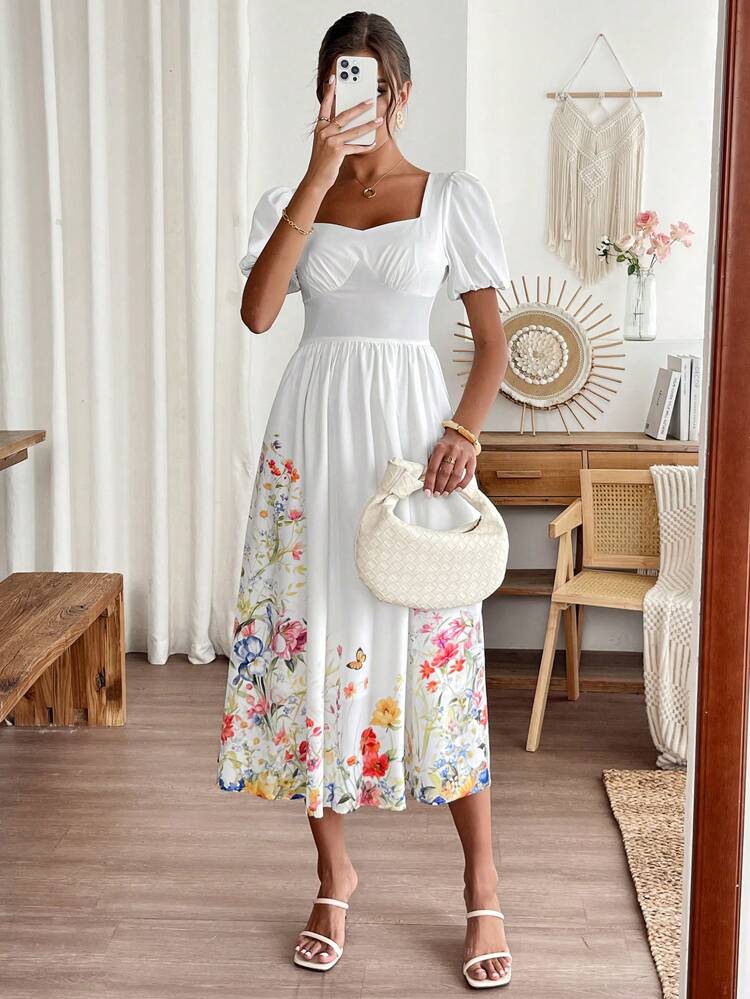 Women Floral & Butterfly Print Bubble Short Sleeve Dress, Vacation Style