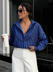 EURMUSE WOMAN BLUE AND WHITE LINED POPLIN BLOUSE - Navy Blue - View 5