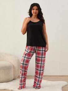 RueChic Conjunto de pijama de 2 piezas con camisa sin mangas con bolsillo y pantalón largo de estampado a cuadros para mujer tallas grandes