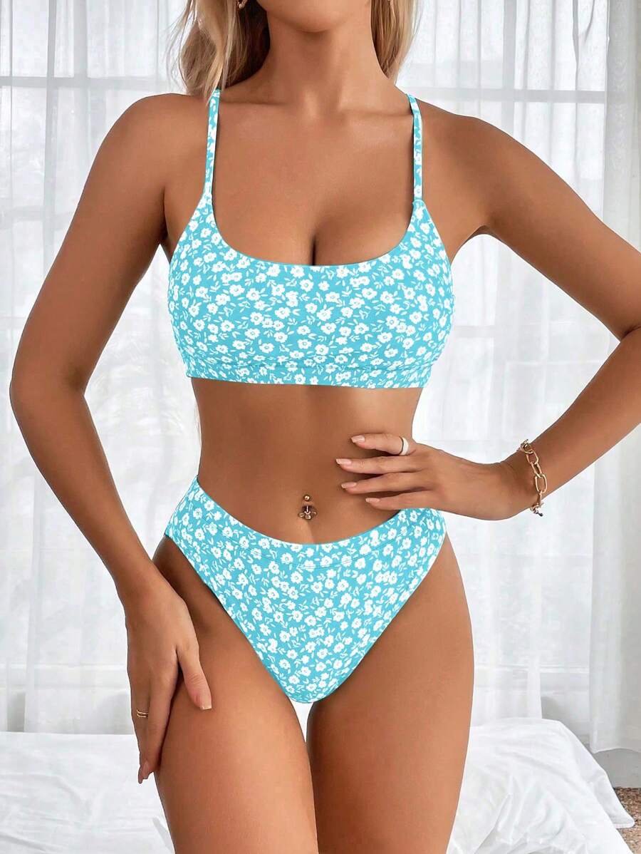 Swim Mod Women's Random Print Tankini Swimsuit Set - Camisole Top & Separate Triangle Bikini Bottom For Summer Beach Vacation - Mint Blue - View 1