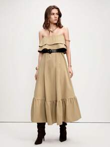 SHEIN LUNE Váy ống dài thường ngày viền bèo nhún cho nữ - Màu Khaki - Xem 5