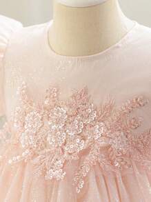 SHEIN Glamorique Kids Easter Girl Formal Wear Vintage Elegant Puffy Sleeve Floral Applique Party Dress, Luxury Custom High-End For Family Gathering, Ceremony, Party Focus