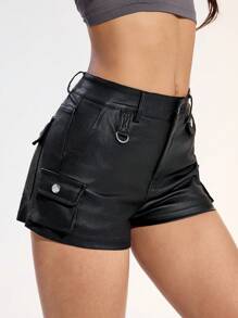 SHEIN EZwear Women's Summer Fashion Flap Pocket Skinny Shorts - Black - View 7