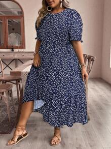 SHEIN VCAY Plus Size Vacation Casual Mini Ditsy Floral Puff Sleeve Dress Flowy Dress - Navy Blue - View 6