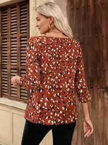 EMERY ROSE Women's Casual All-Over Print Round Neck Blouse, Vacations - Rust Brown - View 2
