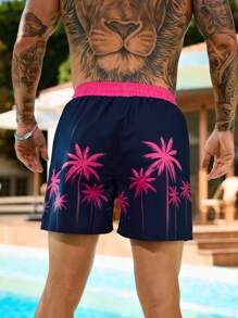 Surfspeed Men's Casual Coconut Tree Print Beach Shorts - Rose Red - View 2