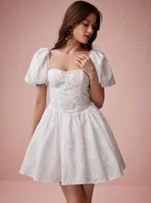 Enchnt Spring/Summer Romantic Women's White Exquisite 3D Floral Embroidered Puff Sleeves Square Neck Cute Mini Dress,Sweet&Elegant For Birthday&Holiday Party&Wedding Season&Garden Parties&Vacation&Graduation Season - White - View 4