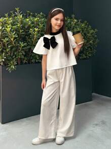 SHEIN Nova Glow Tween Girls Casual Commuter Black & White Contrast Bow Decor Short Sleeve Top And Leggings 2 Pieces Set