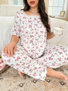 CottageSlumber Plus Size Printed Lace Splice Crew Neck Short Sleeve Top And Pants Loungewear Set, Bountiful Floral Splendor Cozy And Elegant Details