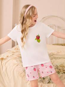 少女草莓印花短袖短裤家居服套装 - 彩色 - 查看 1