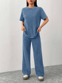 SHEIN PETITE Spring And Summer Home Casual Round Neck Short-Sleeved T-Shirt + Straight Trousers, Old Washed, Fried Snowflakes Loose Suit - Blue - View 3