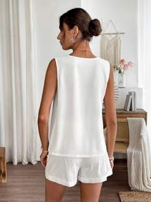 Women's Solid Color Contrast Lace Camisole And Shorts Casual 2 Pieces Set Matching Sets Women Short Sets For Women Summer - White - View 2