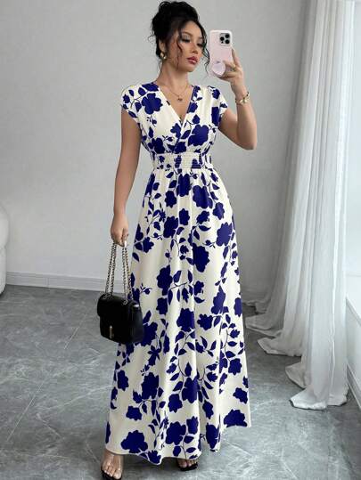 Elenzga Elegant Floral Print Dress, Suitable For Commute