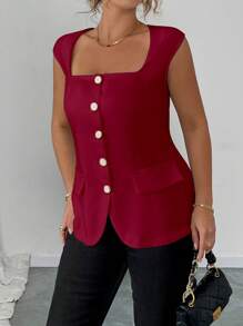Elenzga Plus Size Women Square Neck Sleeveless Lightweight Blazer, Elegant For Commuting - Burgundy - View 6