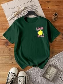 Camiseta casual de manga corta con cuello redondo y estampado de letras y limones para mujer de talla grande