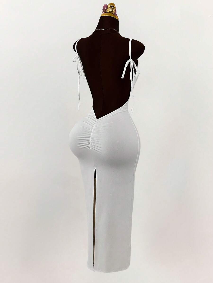 Amplova 露背蝴蝶结褶饰紧身高开叉长裙 - 白色 - 查看 1