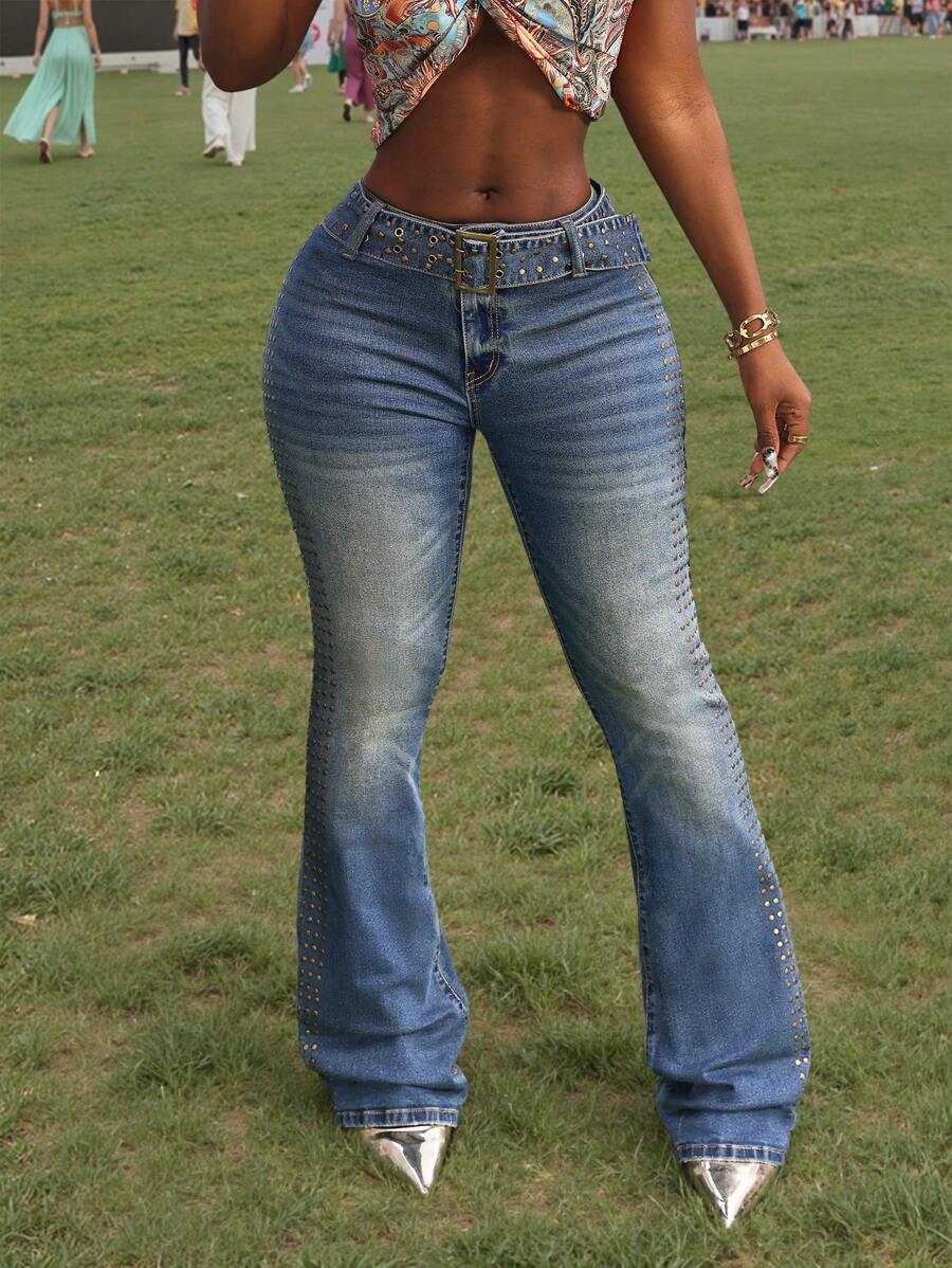 Slaydiva Women's Flared Casual Denim Jeans With Eyelet & Buckle Waistband Design - Blue - View 1