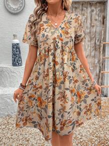 SHEIN LUNE Vestido curto casual feminino com estampa floral e decote em V e manga curta para férias - Damasco - Ver 4