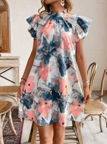 Breezaya 女士时尚花卉印花荷叶边袖连衣裙度假海滩装