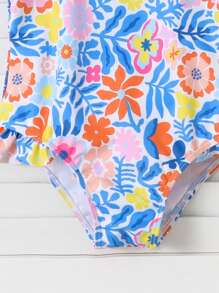 SHEIN Cute Girls' One-Piece Ditsy Floral Adjustable Ruffle Strap Ruffle Hem Swimsuit, Pool Party/Beach Vacation - Multicolor - View 4