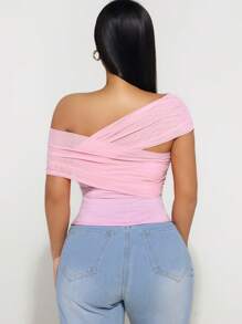 Sirith Tricou de damă, culoare solidă, cu plasă de contrast, cu volan asimetric, cu gât, vară - Roz - Vizualizare 2
