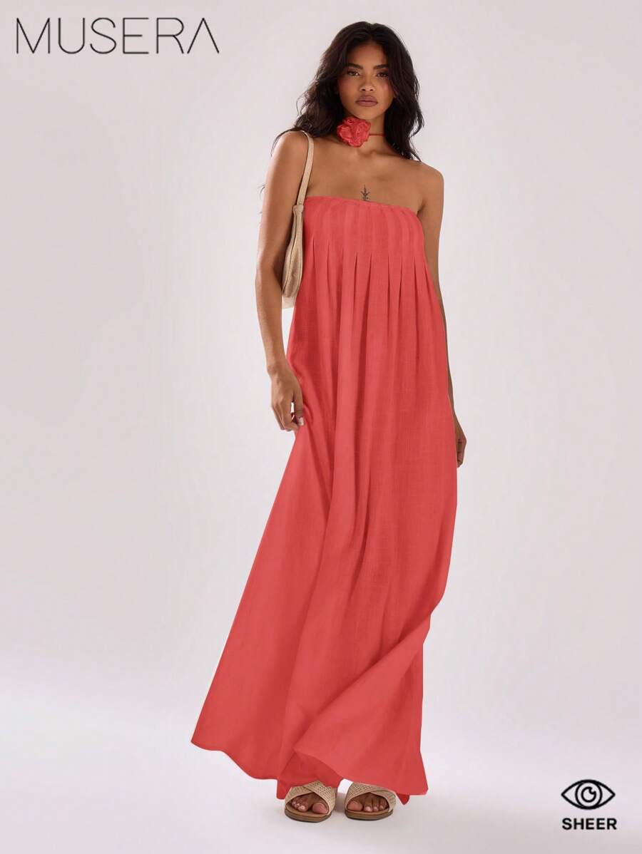 MUSERA 抹胸宽松褶皱长裙，适合度假、夏季、婚礼、毕业典礼、伊比沙岛假日、海滩、秋季、夜间外出、婚礼、约会等场合，优雅长裙。 - 紅色 - 查看 1