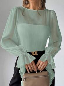 Firerie Women's White Ruffle Long Sleeve Sheer Blouse,See Through Top - Mint Green - View 3
