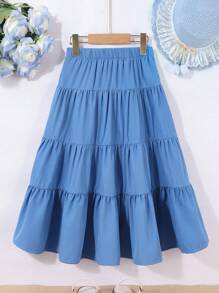 SHEIN 女童时尚拼布喇叭中长裙，夏季 - 中等水洗藍 - 查看 2