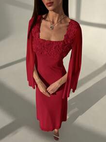 Aloruh Square Neck 3D Floral Bell Sleeve Long Fish Tail Romantic Date Dress For Women - Burgundy - View 5