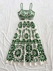 Soleia Women's Green Tropical Floral Retro Print Sleeveless Midi Dress With Side Cutouts And Tie Waist, Vacation Style,Summer Dresses For Women