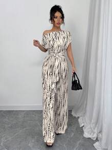 Women's Full Print Asymmetric Neck Bat Sleeve Tie Front Wide Leg Jumpsuit, Pants Jumpsuit Women Jumpsuits Elenzga Jumpsuit Suitable For Dates, Work, Vacation, Holidays, Casual Wear, Summer Bohemian Style/Holiday/Festival/Music Festival/Derby Dress - Multicolor - View 3