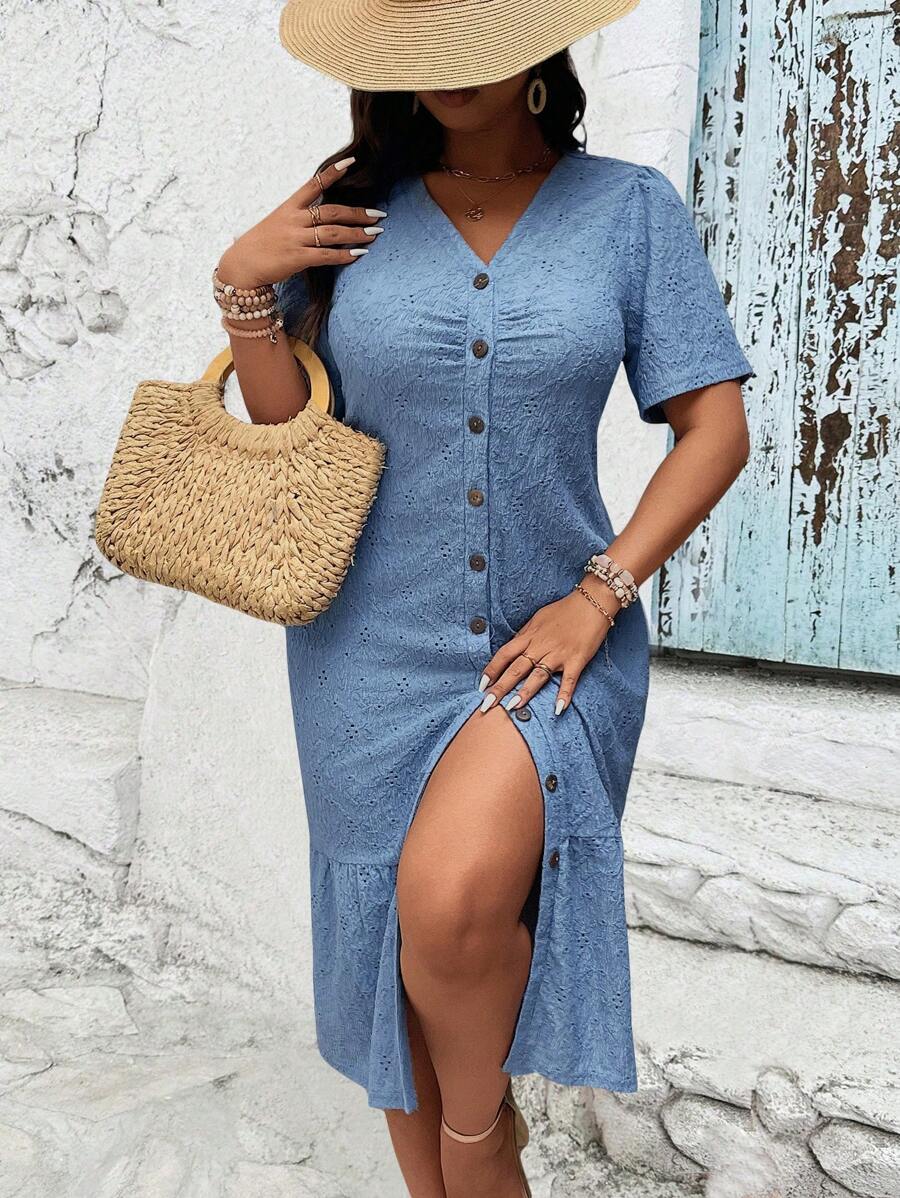 SHEIN LUNE Plus Size Women Textured Fabric Versatile Elegant Dress - Blue - View 1
