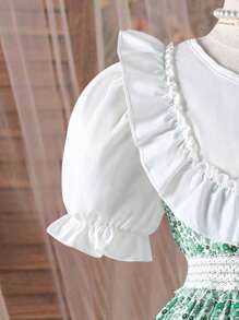 1pc Ruffle Trim Short Sleeve Blouse Patchwork Ditsy Floral Crochet Lace Bohemian Dress For Tween Girls - Green - View 3