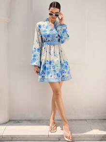 SHEIN VCAY Vestido de mujer de manga larga con estampado floral y cintura definida, conjunto de ropa de vacaciones - Multicolor - Ver 3