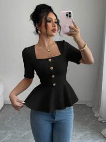 Chiquease Women's Solid Color Square Neck Short Sleeve Shirt, Simple & Fashionable, Suitable For Summer - Black - View 1