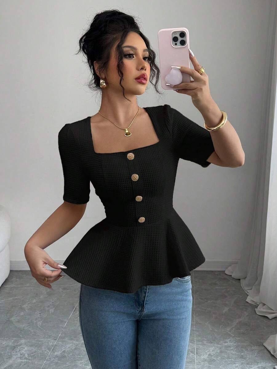 Chiquease Women's Solid Color Square Neck Short Sleeve Shirt, Simple & Fashionable, Suitable For Summer - Black - View 1