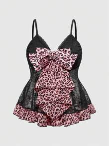 J-Fashion Y2K Retro Gyaru Shibuya-Gal Himekaji Phong cách ren & họa tiết da báo chắp vá áo ba lỗ chữ A, cỡ lớn - màu đen - Xem 1
