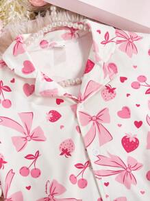 2pcs Girls Set Minimalist Fashion Elegant Sweet Bow Cute Cherry Strawberry Print All Over Pattern Polo Collar Shirt And Shorts Casual Homewear Suit For Tween Girls