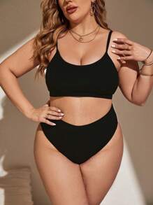 Swim Basics Plus Size Women's Solid Color Strap Separate Style Fashion Casual Vacation Swimsuit Set For Summer - Black - View 1