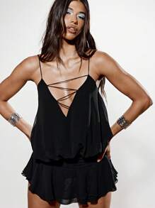 KIZN 背带V领Blouson迷你连衣裙意大利面条背带俱乐部派对飘逸褶边下摆夏季俱乐部装 - 黑色 - 查看 4