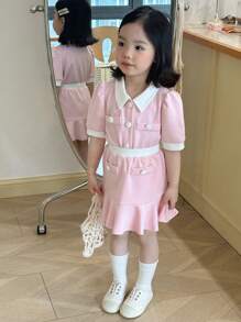 DAZY 年轻女孩优雅拼色泡泡袖衬衫和迷你裙两件套，夏季