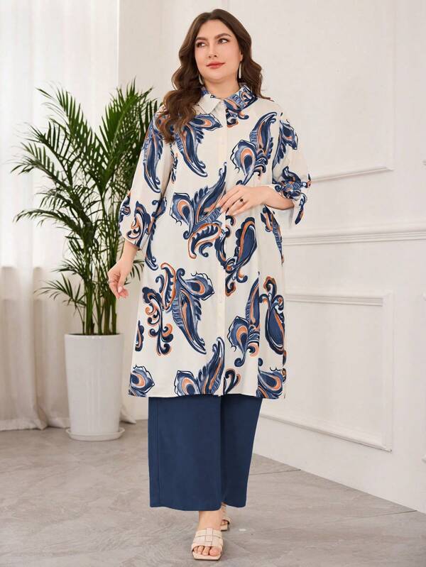 Lacomfia Set de 2 piezas Talla grande con cuello redondo elegante de estampado digital