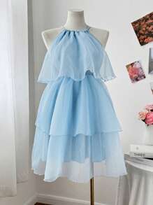 Flirla Vestido Plus Size Cor Sólida Organza Babados Cintura Amarrada