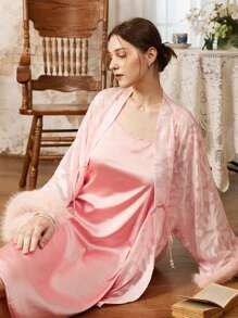 Côtesoire New Chinese Style Faux Rabbit Fur Jacquard Robe & Satin Camisole Night Gown, Elegant Set - Pink - View 11