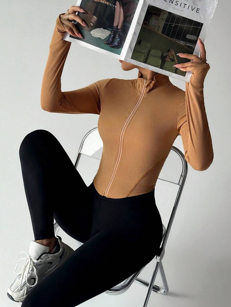 SHEIN 女士简约时尚运动夹克适合夏季 - 卡其色 - 查看 1