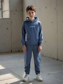 SHEIN Tween Boy Slogan Graphic Hoodie & Sweatpants - Blue - View 1